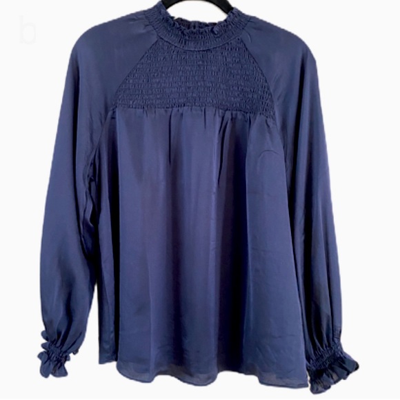 Nanette Lepore Navy Blue Long Sleeve Ruffled Neck Pull Over Blouse Medium - Picture 1 of 9